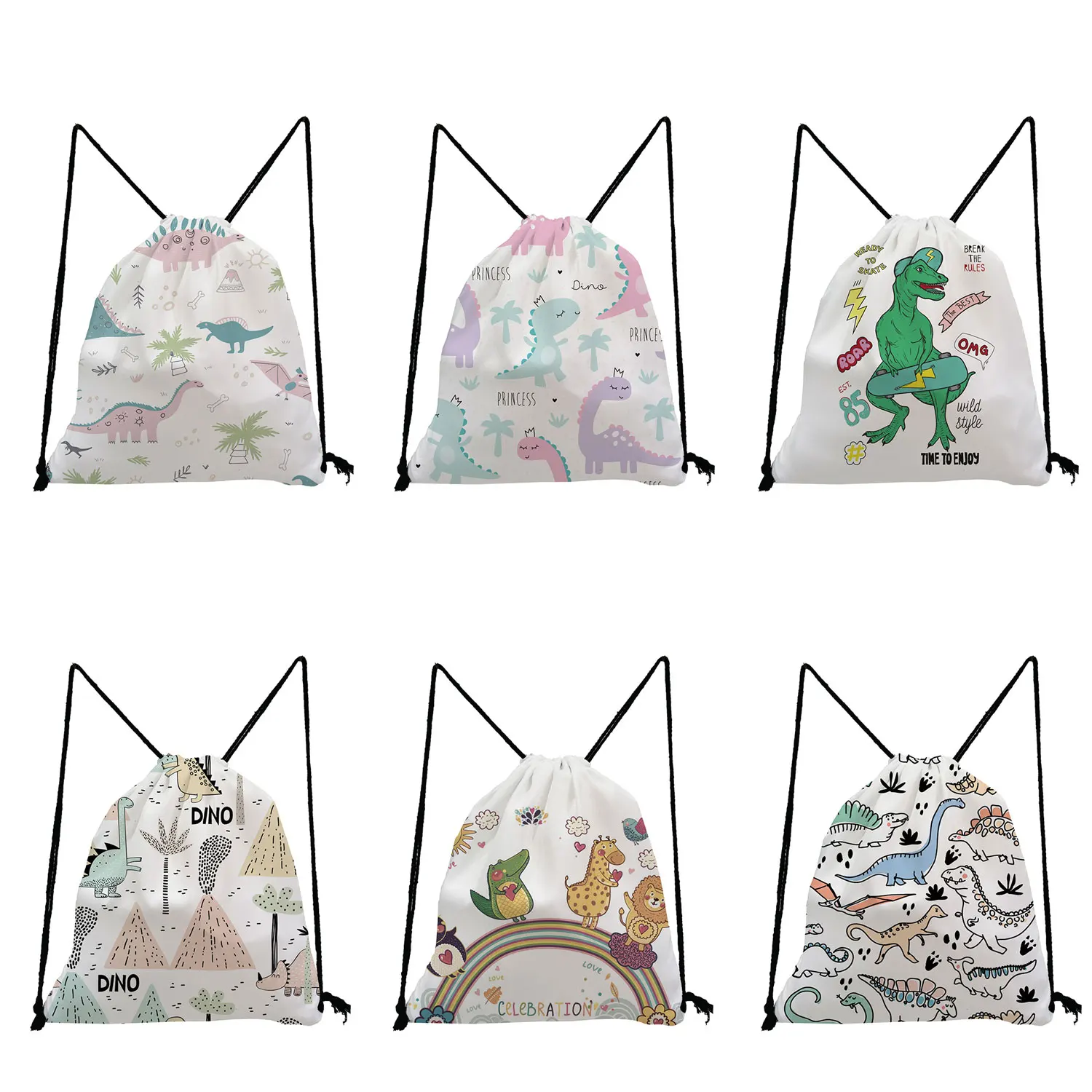 Dinosaur Printed Mini Backpacks Birthday Party Gift Bag Cute Drawstring Bag Green Cartoon Storage Bag Wholesale Dropshipping