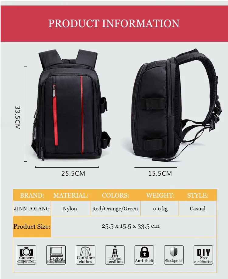 JINNUOLANG Unisex Foto Wasserdichter Rucksack Kamera Schultertaschen Nylontasche Passend für 15,6'' Laptop Reisen Outdoor DSLR Mochila – Detail 3
