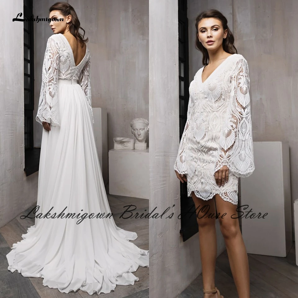 Vestidos Boho Hippie Chic Chiffon Langarm Hochzeit Kleid 2021 Sexy Braut Kleid Backless Empfang Abendessen Kleid Abnehmbare Rock