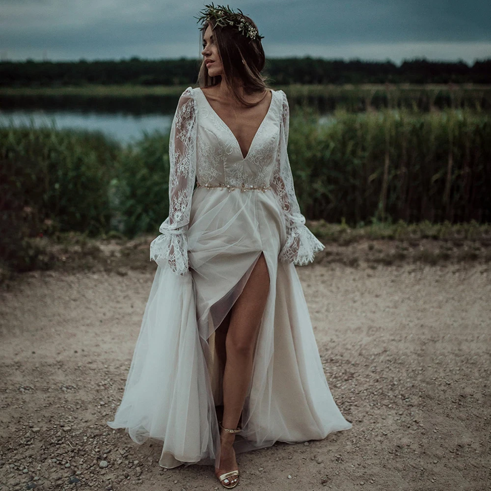 Długie rękawy przezroczysta koronka plaża suknia ślubna linia V Neck Boho Elopement wysokie rozcięcie Backless suknie ślubne Custom Made 10153