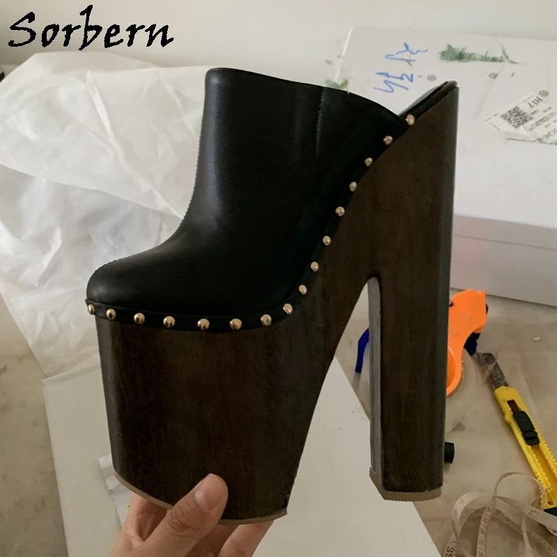 Sorbern 22cm Brown Women Mules High Heels Pump Shoe Gold Rivets Closed Toe Shoe Chunky Heeled Female Slides Custom Colors