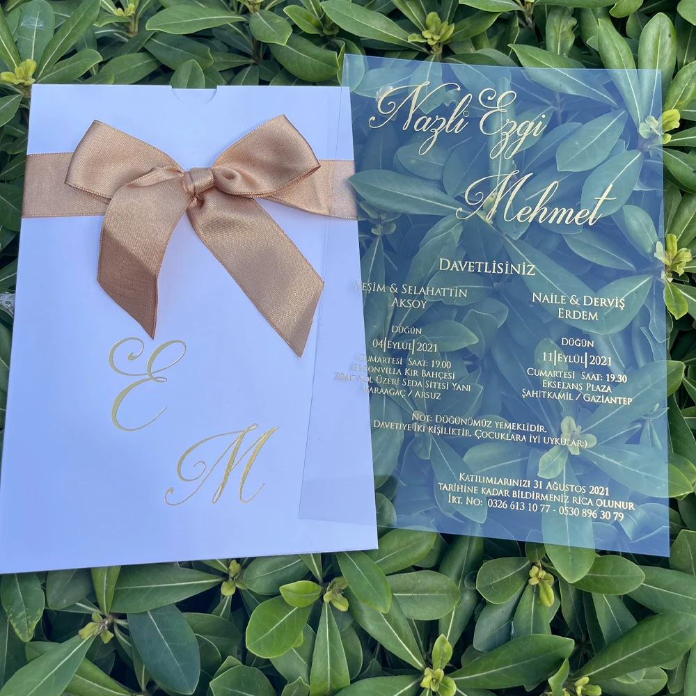 Custom wedding card birthday invitation cards hand season acrylic ribbon cards with white envelope