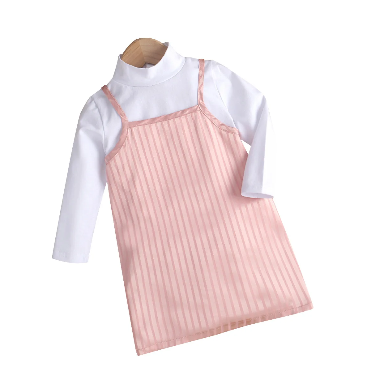 Spring Girl Clothing Sets Long Sleeve White Shirts Tops Pink Striped Spaghetti Strap Dress Set Cute Infant Toddler Girl Outfits