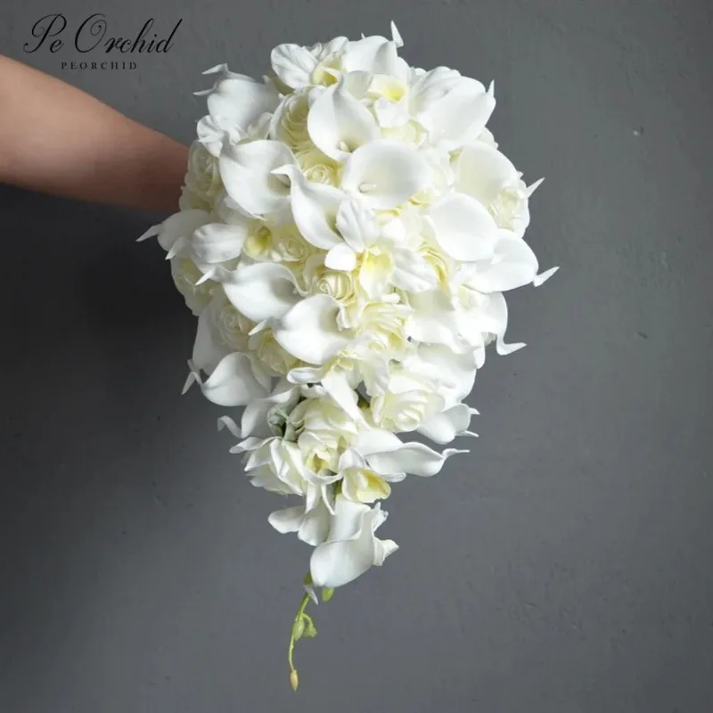 

PEORCHID Vintage Ivory Bridal Bouquet Rose Artificielle White Real Touch Calla Lilies Waterfall Wedding Bouquet For Bridesmaids