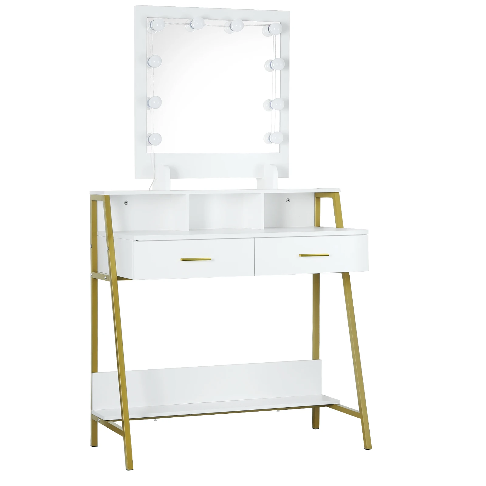 White Vanity Dressing Table with Lighting LED Makeup Mirror 2 Drawers Jewellery Compartment MDF Wood Desk for Beauty Bedroom