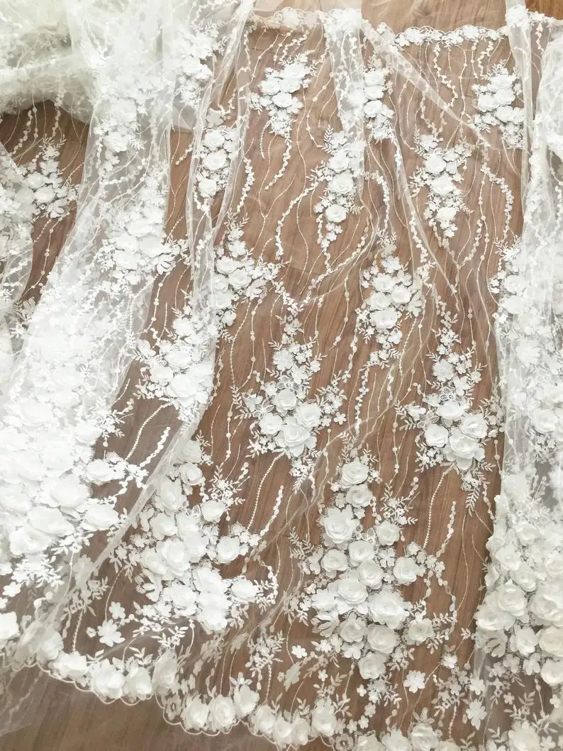 

1 Yard Exquisite Sequined 3D Lace Fabric with Shabby Rosette , Bridal Dress Wedding Gown Fabric by Yard , Leaf Emrboidery