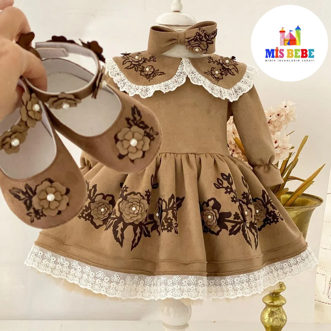 3-Pcs Dress hair Clip Shoes Clothing Sets Suede Autumn Spring Summer Kids Costum toddler ball gownes Children