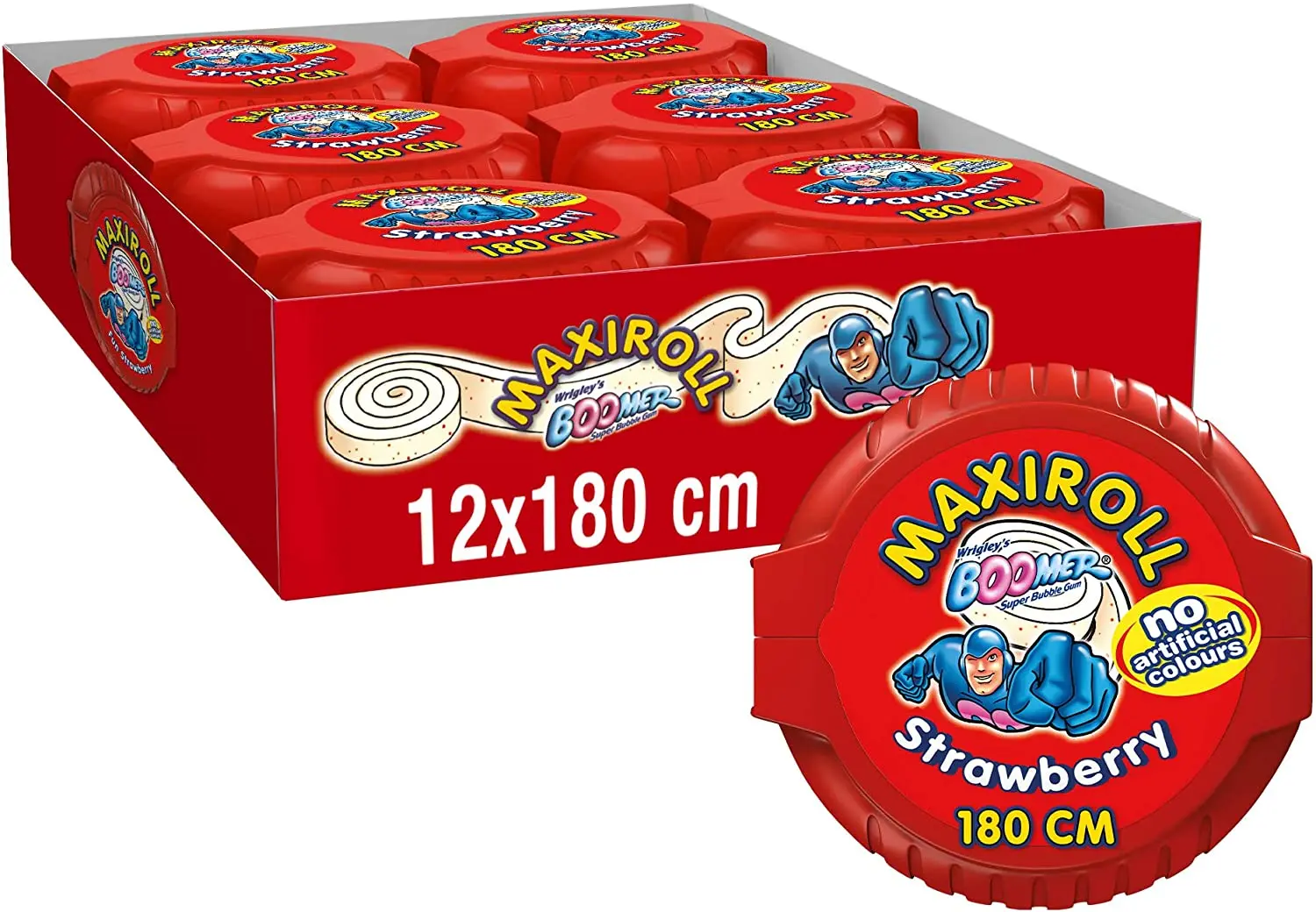 Maxiroll gum. Boomer brand. Strawberry flavor gum, 180 centimeters rolled, cut to your liking. 12 PCs per box