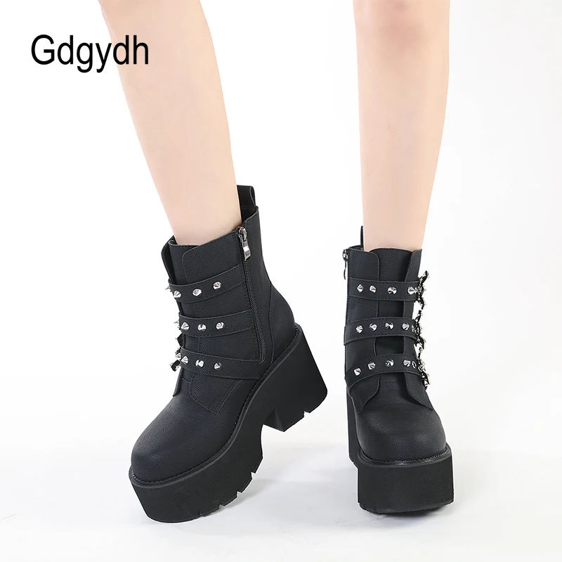 Gdgydh Sexy Rivets Black Demoia Boots Women Metal Decoration Platform Heels Gothic Bat Buckle Strap Ladies Short Boots Plus Size