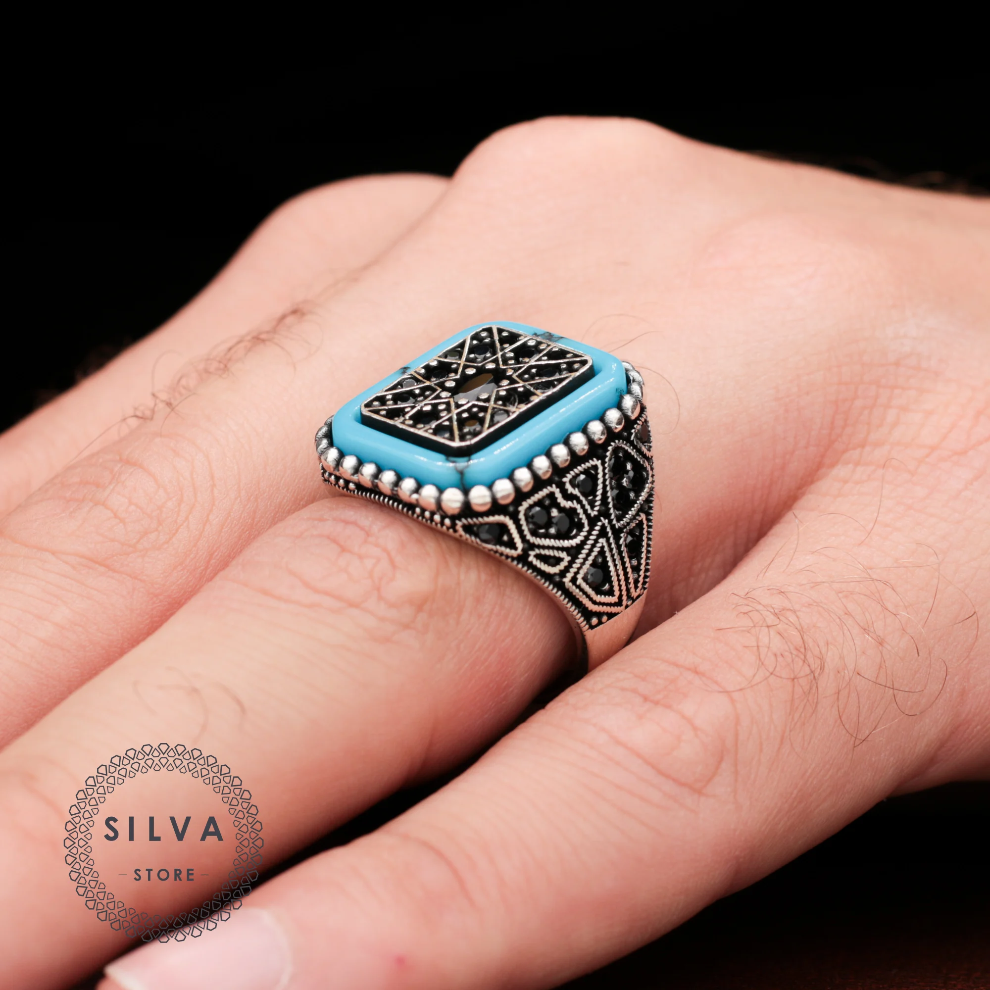 

Original 925 Sterling Silver Ring for Men With Black Zircon Stones And Special Cut Turquoise Stones All Sizes Are Available