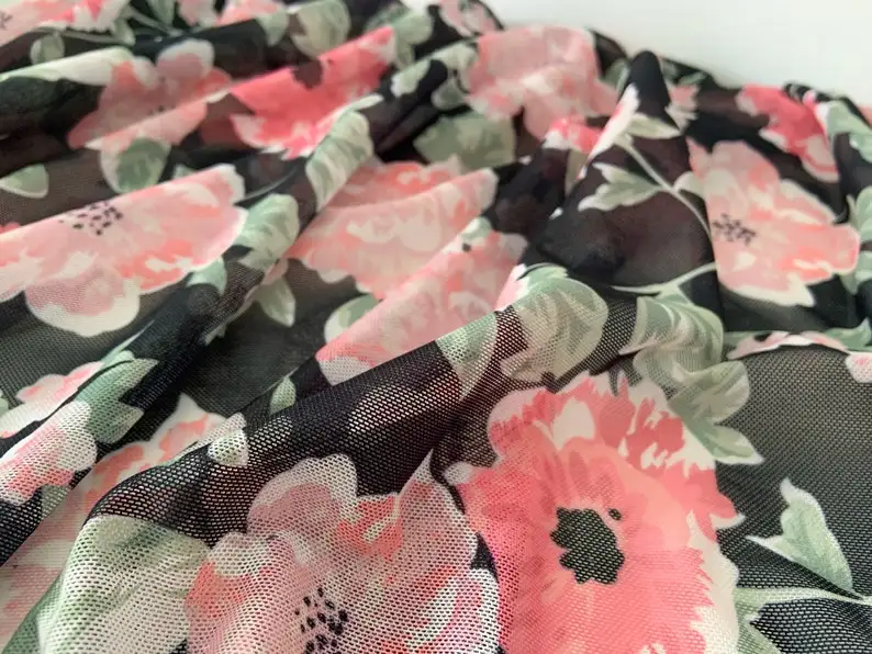 4 way Stretch Tulle Fabric With Printed Florals, Colorful Power Stretchy Mesh Fabric With Flowers