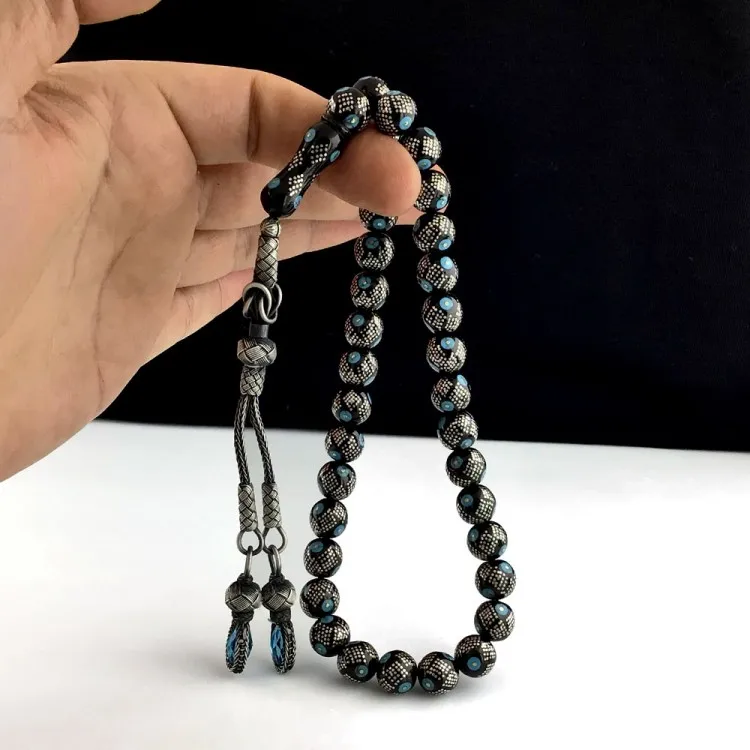 Pukka 1000 Sterling Silver Tassel Embroidered on Oltu Stone 33 Beads For Men Rosary High quality Handmade Tasbih Jewelry Muslim Misbah Turkish Style