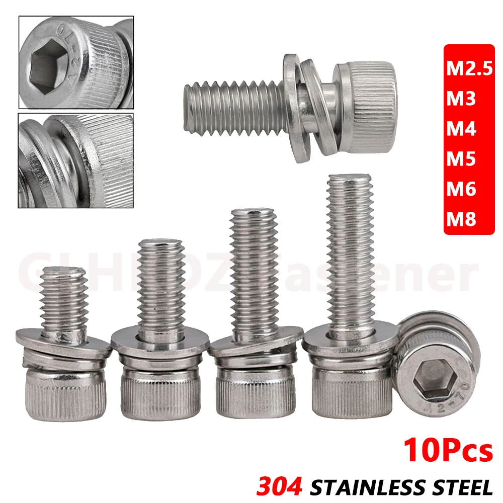 10X M2.5 M3 M4 M5 M6 M8 Allen Hex Socket Cap Head Bolt SEM Machine Screw Spring Gasket Washer Assemble A2-70 304 Stainless Steel