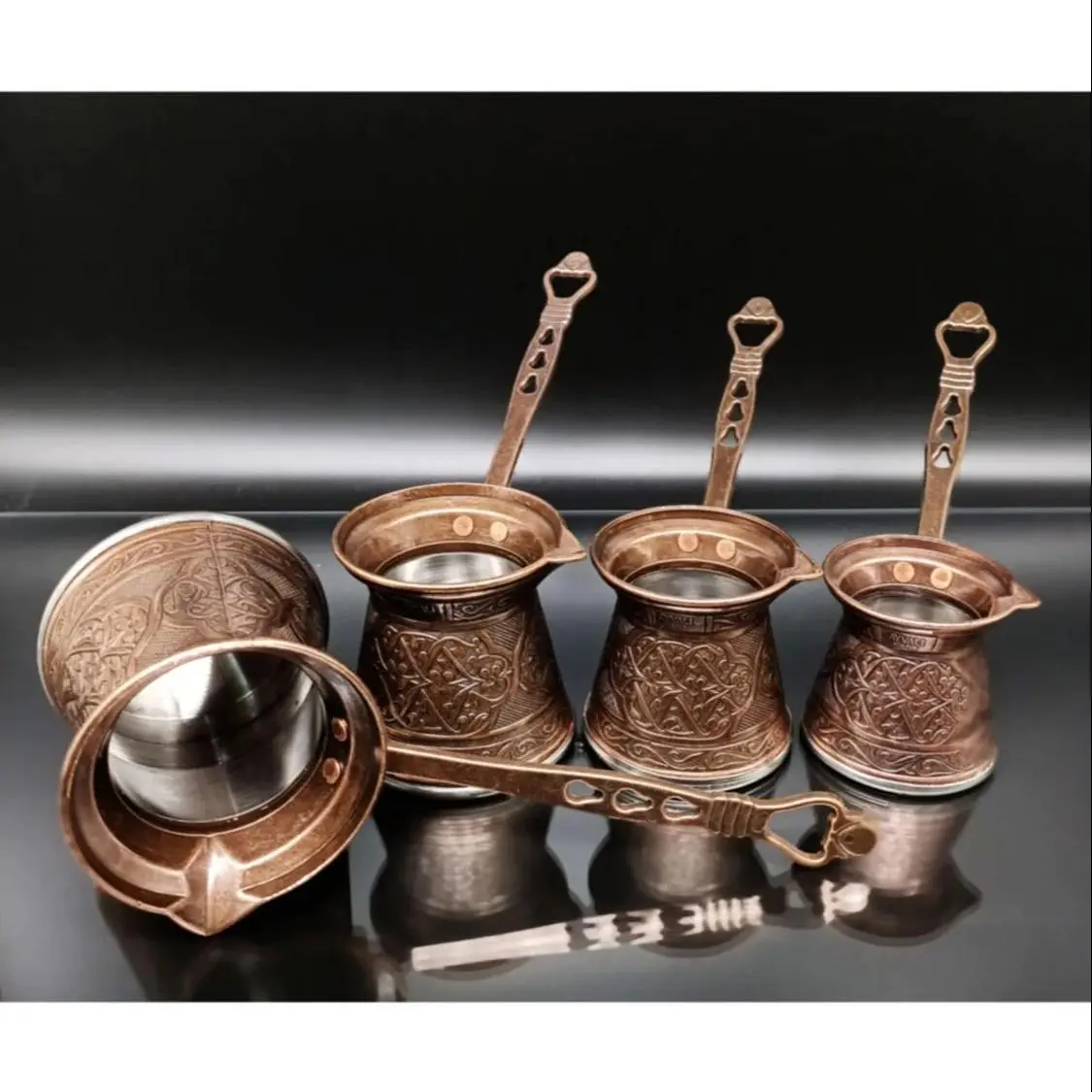 Turkish Pattern Copper Casting Coffee Pot Coffee Maker Handmade Set of 4 Traditional Design Decorative Gift Accessories Ottoman