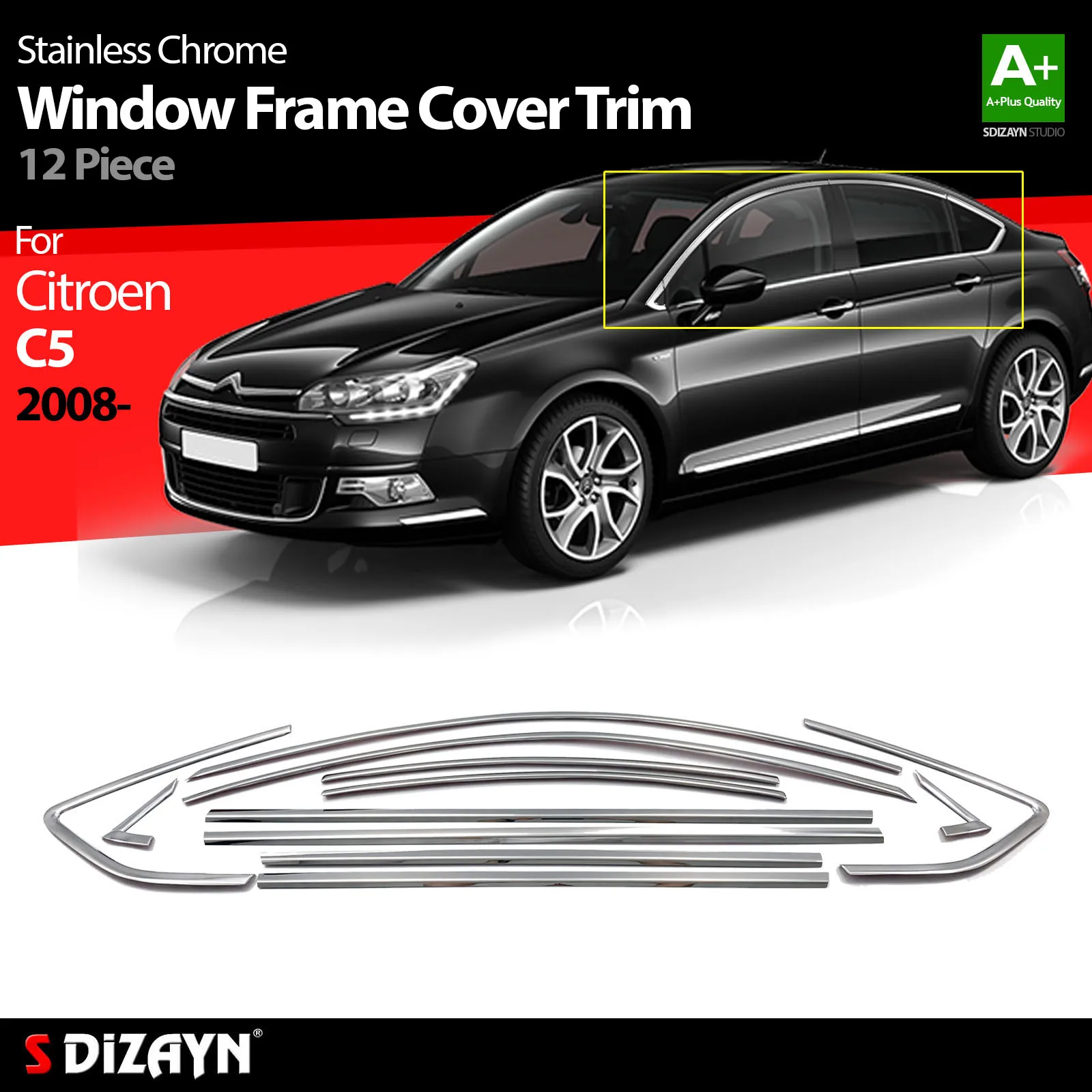 S Dizayn For Citroen C5 Chrome Window Frame Cover Trim Stainless Steel 12 Pcs Exterior Car Accessories Parts Auto Products