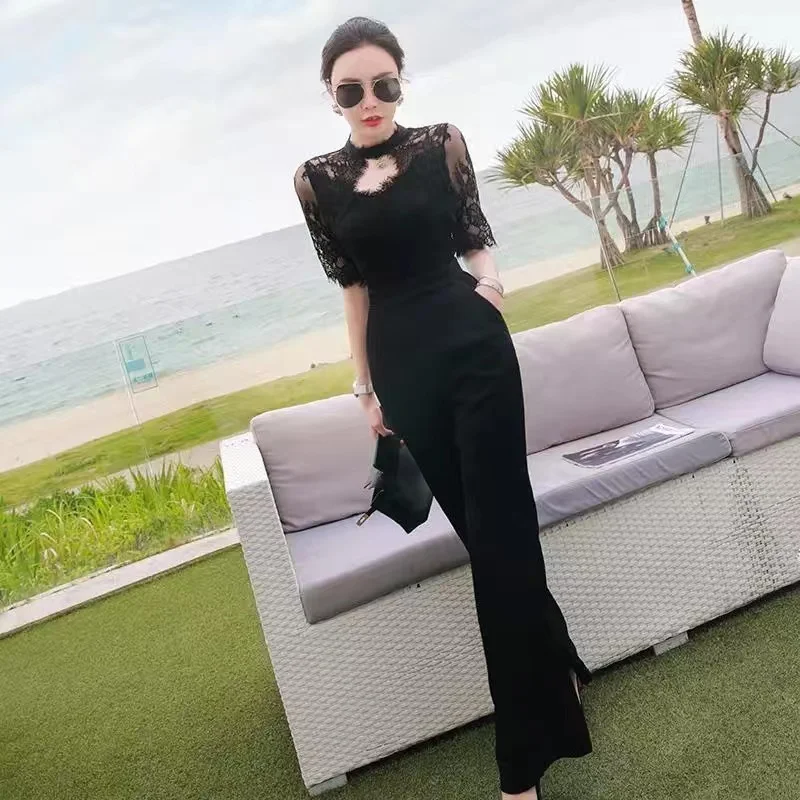 2023 Summer Black One-piece Pants Sexy Lace Hollowed Out Short Sleeved Top Fashion Slim Fit Pants Set Elegant Woman Jumpsuits