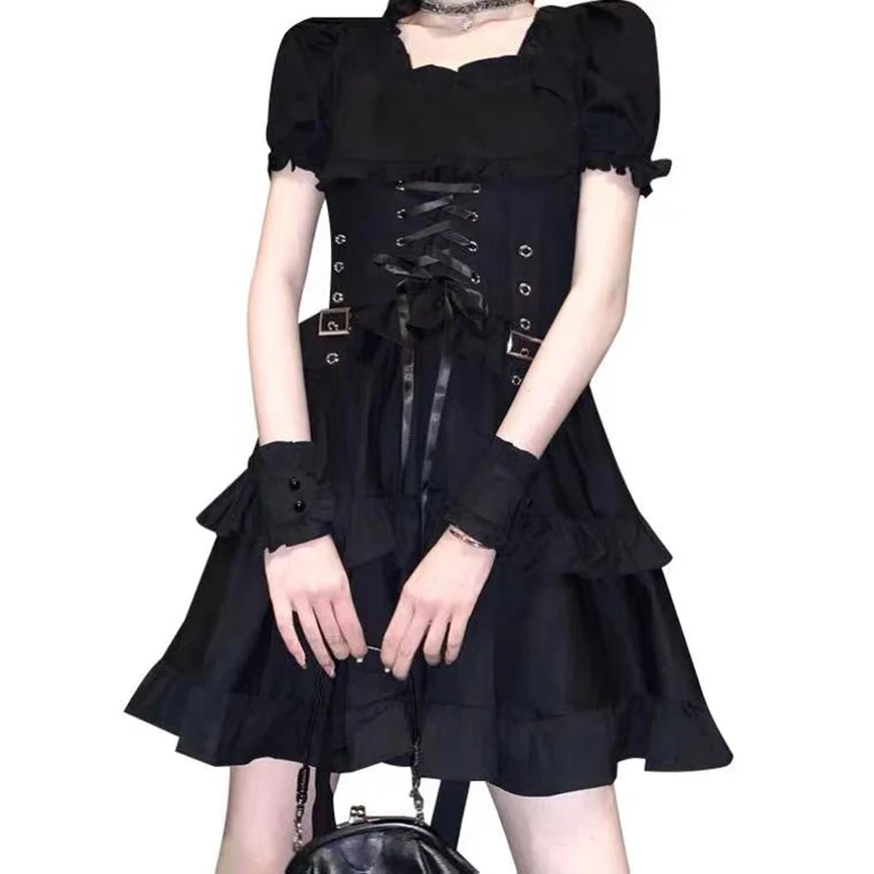 

Women's Gothic Lolita Dress Goth Punk Gothic Harajuku Mall Goth Style Bandage Black Dress Emo Clothes Dress 2021