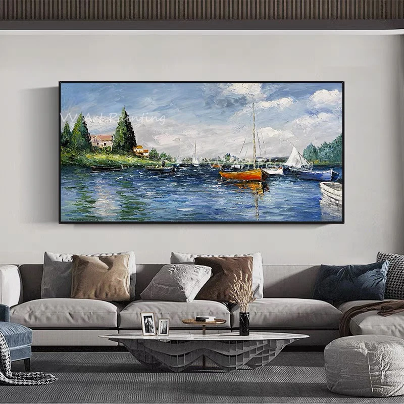 High Quality large size beautiful scenery landscape thick lake blue sky picture modern Oil Painting Handmade Wall Arts