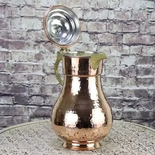 Copper Water Pitcher with Lid Beverage Carafe Elegant Decanter Jug Juice Handmade Vintage Style Ayran Drinkware Hammered Copper