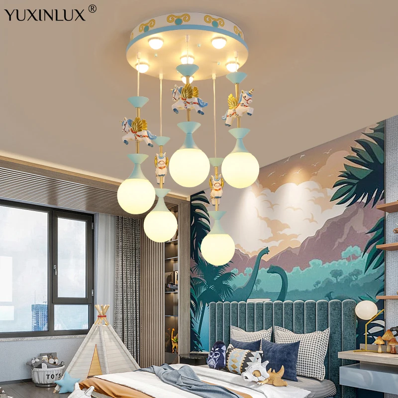 

Creative Carousel Led Pendant Lights Boy Girl's Bedroom For Living Dining Room Kindergarten Blue Pink Hanging Chandelier Lamps