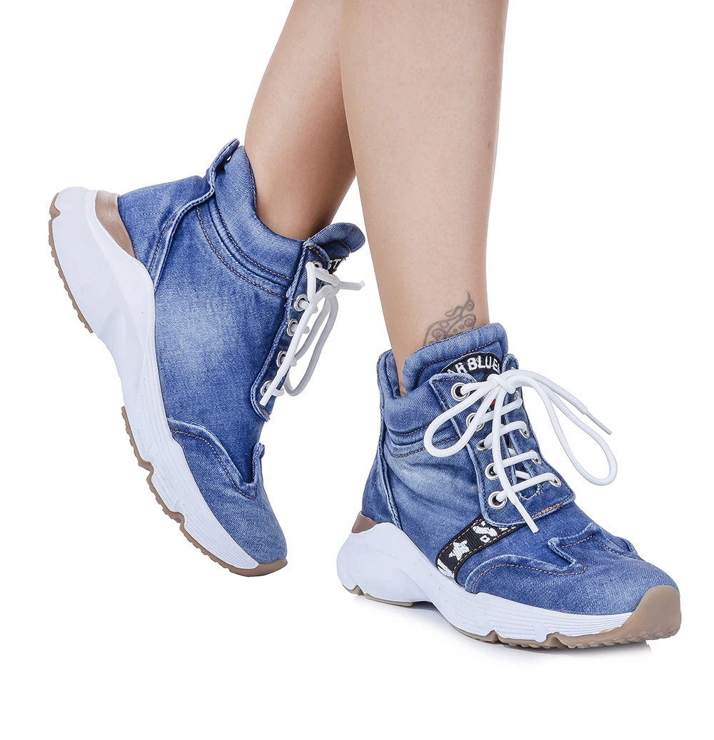 Jeans Shoes Handmade Blue Denim Boot Lace-Up Women's Sneakers Birthday gift for your love