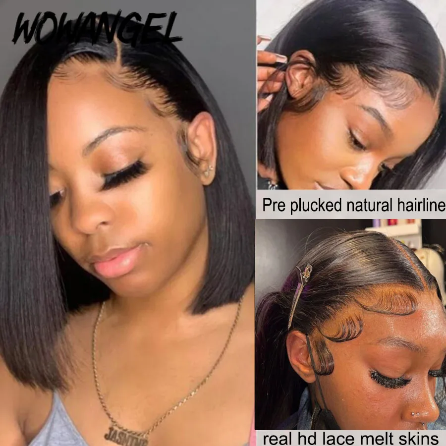 Wow anjo skinylike real hd perucas dianteiras do laço curto bob peruca corte sem corte peruca 13x4 hd laço frontal perucas de cabelo humano pré arrancado sem cola