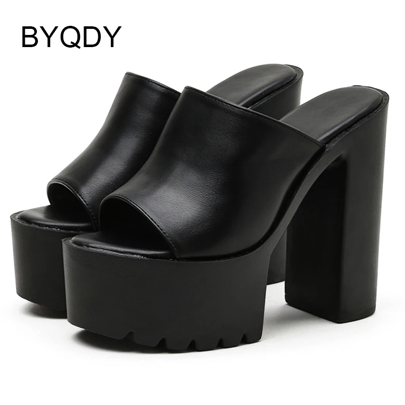 BYQDY Platform Sandals for Women Sexy Peep Toe Slip On Chunky High Heel Sandals Date Dress Shoes Backless Mules Plus Size