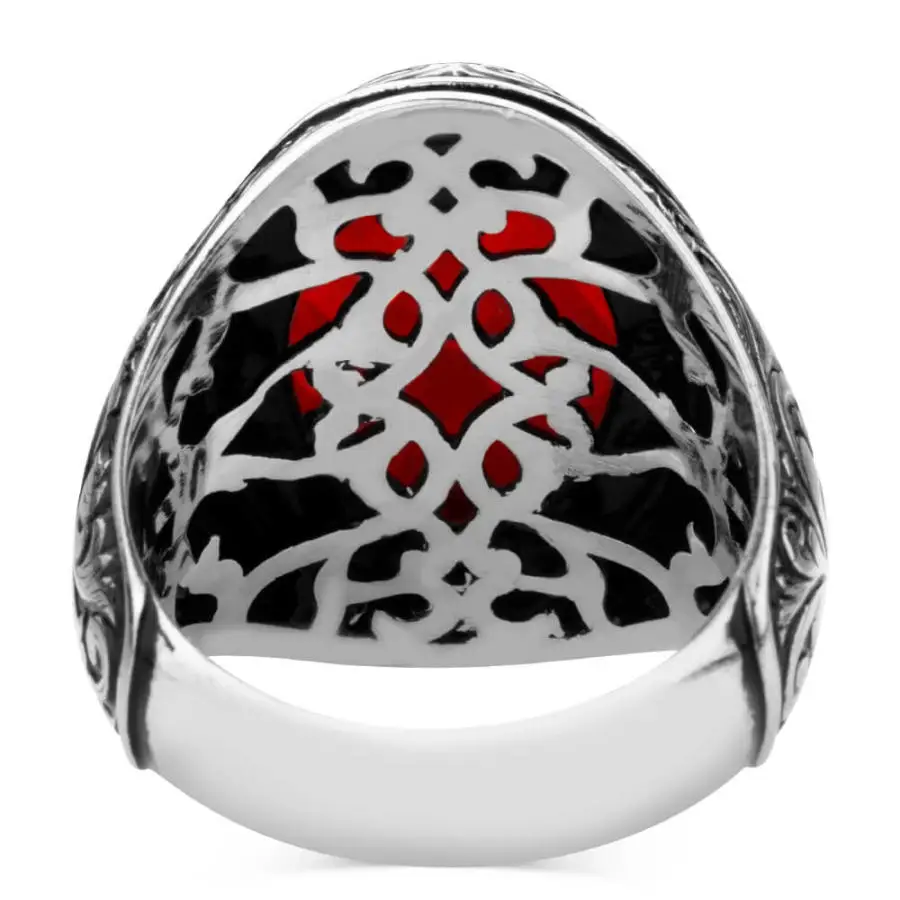 Intricately Inlaid Sterling Silver Mens Ring with Red Zircon Stonework Fashion Turkish Premium Quality Handmade Jawelery