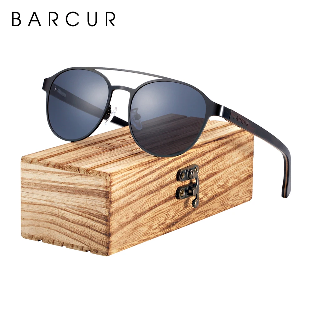 BARCUR Brand Design Fashion Round Women Sunglasses Metal Frame Polarized Lens Laminated Ebony Wood Temple Man Sun Glasses UV400