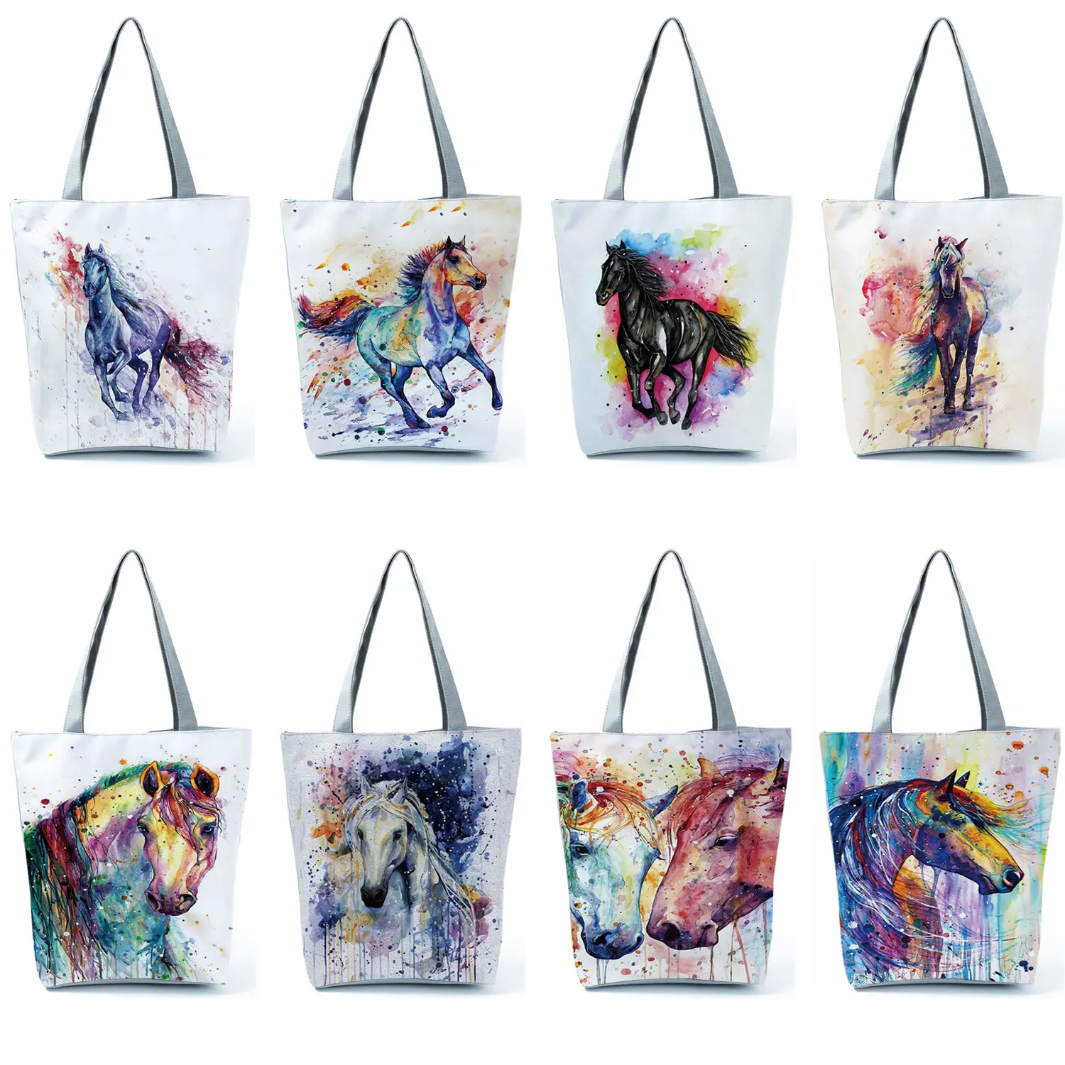 Watercolor Horse Print Shopping Bag Tote Folding Reusable Traveling School Shoulder Bag Casual Handbags For Women Custom Pattern