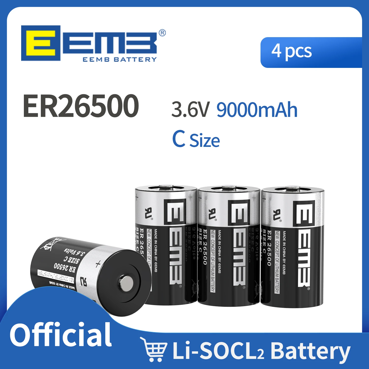 

4PCS EEMB 3.6V C size Lithium Battery 9Ah ERbattery26500 Non rechargeable Accepting customized battery packs