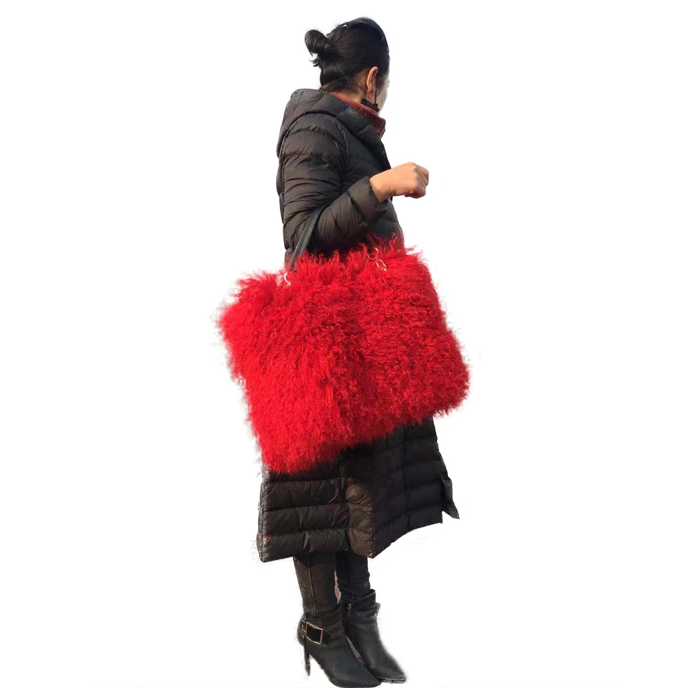 

Wholesale Fashion Women mongolian Sheep Fur Tote Bags Genuine Lamb Fur Handbag