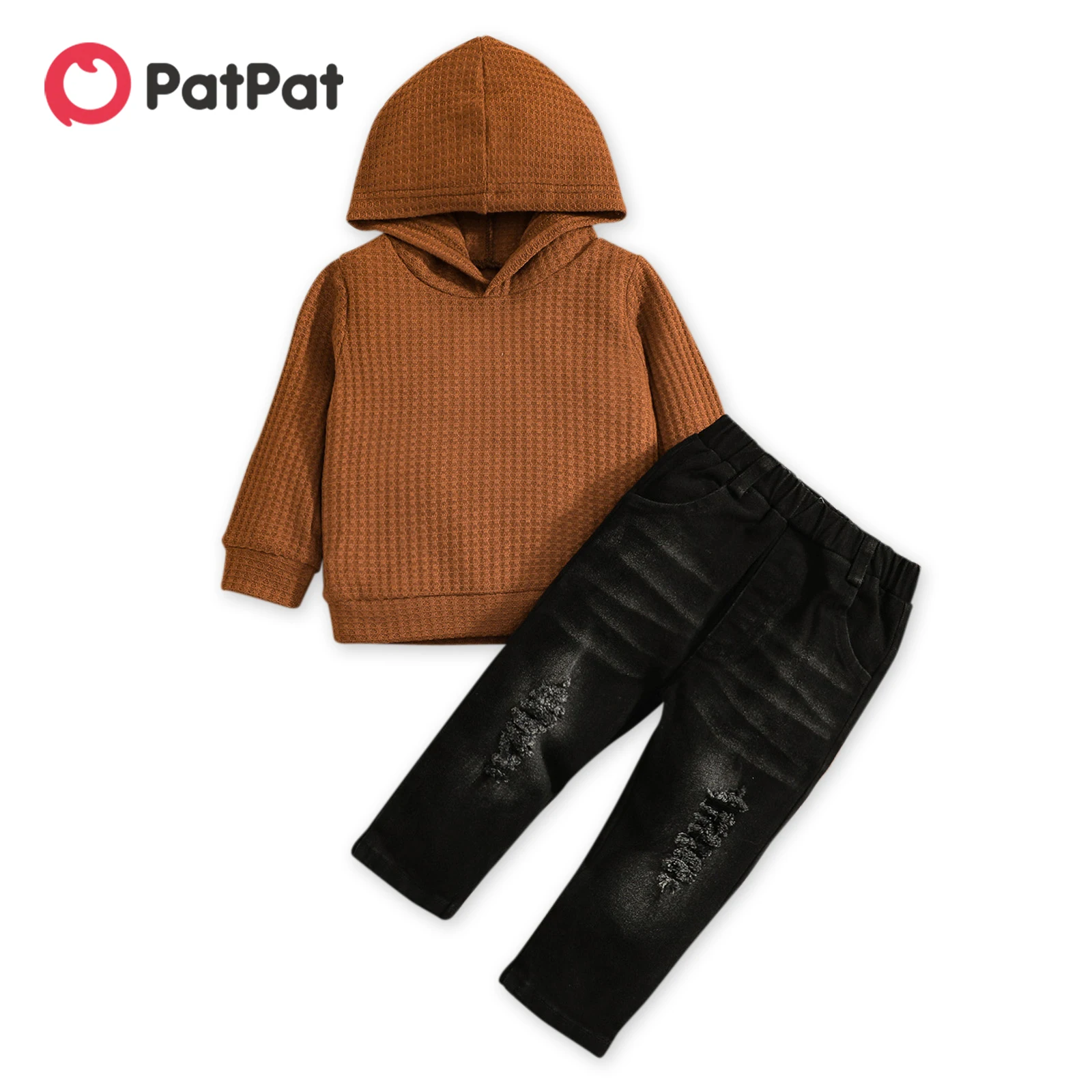 

PatPat 2-piece Baby Boy Waffle Hoodie Sweatshirt and 100% Cotton Ripped Denim Jeans Set