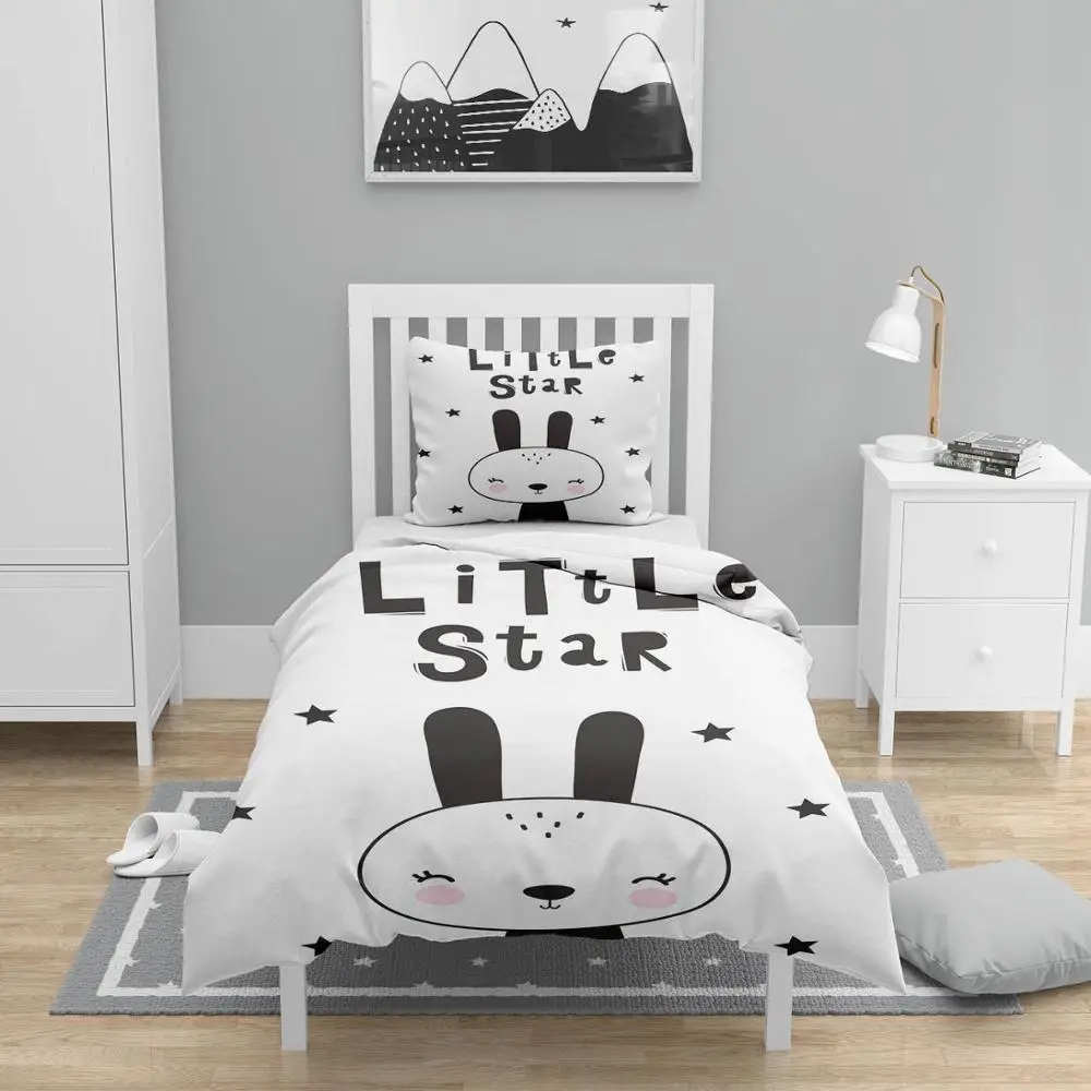 

Else 4 Pcs Black White Little Star Rabbit 3D Print Cotton Satin Chidren Kids Duvet Cover Bedding Set Pillow Case Bed Sheet