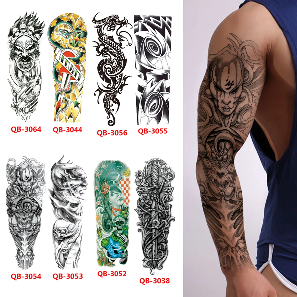 Full Arm Fake Tatoos For Men Waterproof Temporary Tattoo Large Size Sleeve Sticker Henna Skeleton Transfer Tattoos Makeup Tools