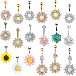 1/2PCS Sunflower Belly Button Ring 14G Surgical Steel Lotus Flower Belly Piercing Ring Opal Sexy Navel Piercing Cute Belly Ring