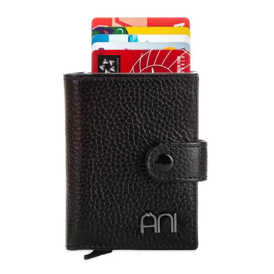 Genuine Leather Card Holder Wallet with Pop-Up Mechanism Black Purse Casual For a Lifetime Money Pocket Good Quality New Naive