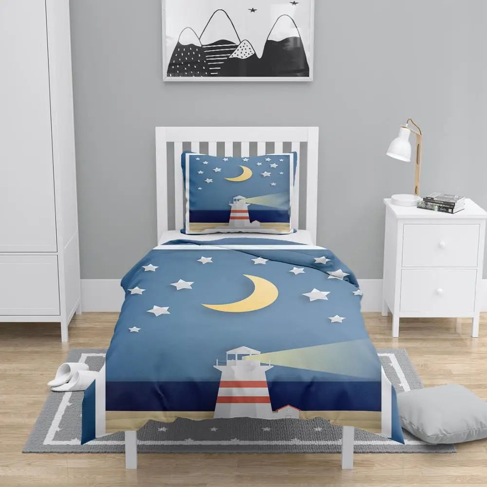 

Else 4 Pcs Sea Light house Moon Stars Designs 3D Print Cotton Satin Chidren Kids Duvet Cover Bedding Set Pillow Case Bed Sheet