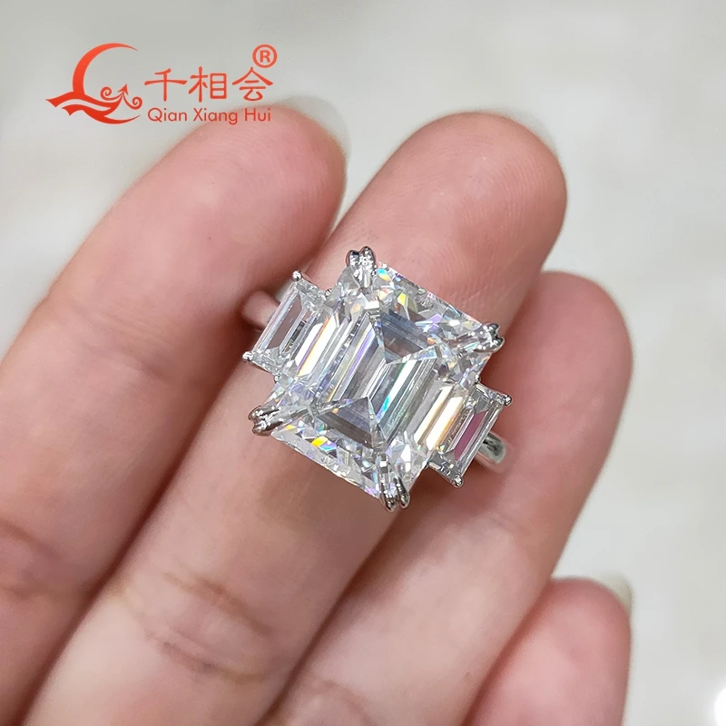 8CT 10*12mm Emerald Cut with small emerald white Moissanite Three Stones Ring Silver 925 Diamonds Wedding Engagement Ring Women