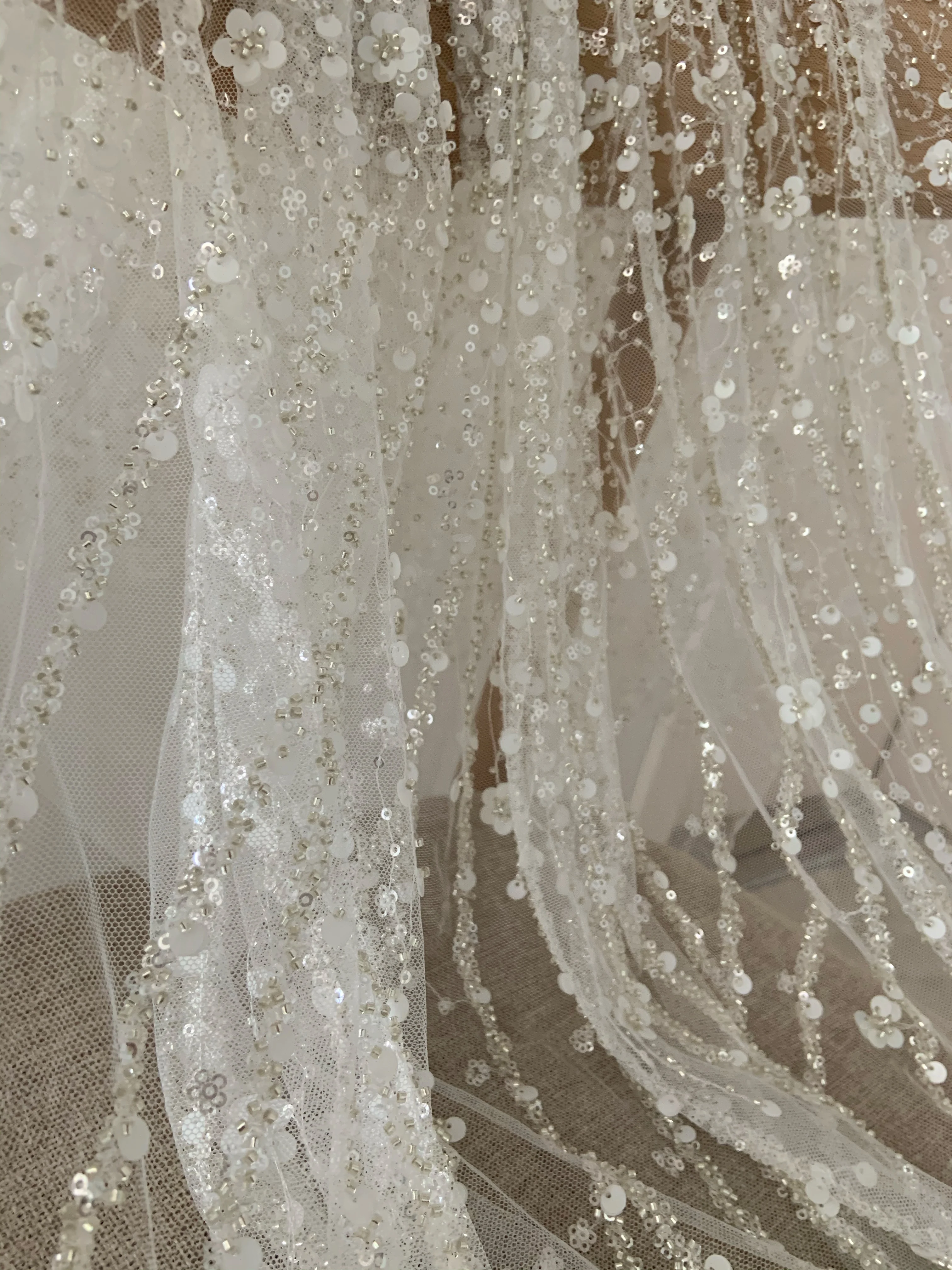 1 yard Off White Beading And Sequined Mesh Fabric For Wedding Gown