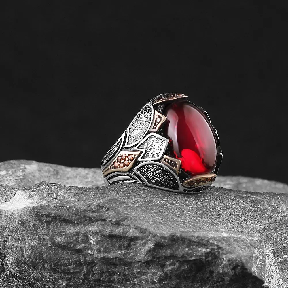 

MEN 'S 925 Sterling Silver Ring, Red Zircon Stone, Pattern, Handmade, Gift Item, special Design, Made in Turkey