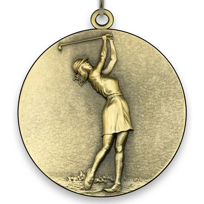 Large Metal Golf Medal Female - Gold-6,4 cm - with Neck Ribbon size 2,2cm x 80 cm - Choice of Ribbon Colours.