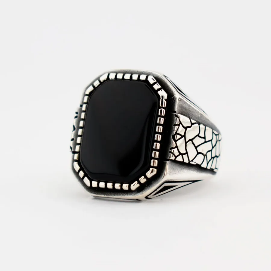 New Authentic Sterling Silver Antique Turkish Rectangle Black Onyx Master Hand Ring Men's Rustic Hallmarked Male Jewelry