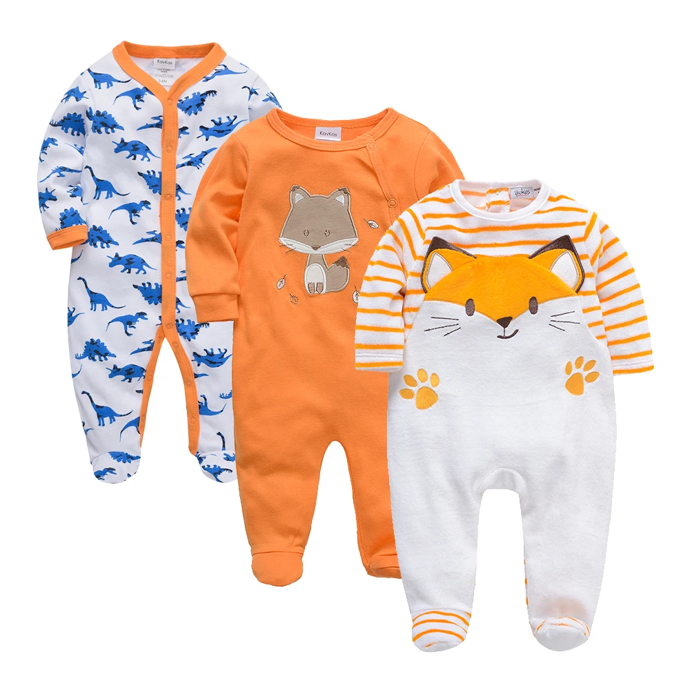 Kavkas Spring Baby Boys Girls Clothes 3Pcs Rompers Orange Fashion Dinosaur Fox Jumpsuit Roupas Infant Menino Overalls Costumes