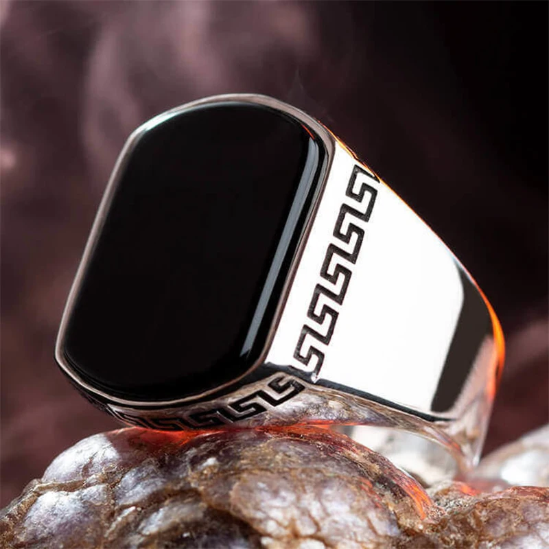 

925 Sterling Onyx Stone Silver Rings For Men Jewelry Premium Quality Plain Model Black Turkish Special Hoop Lux Zircon Aqeq All