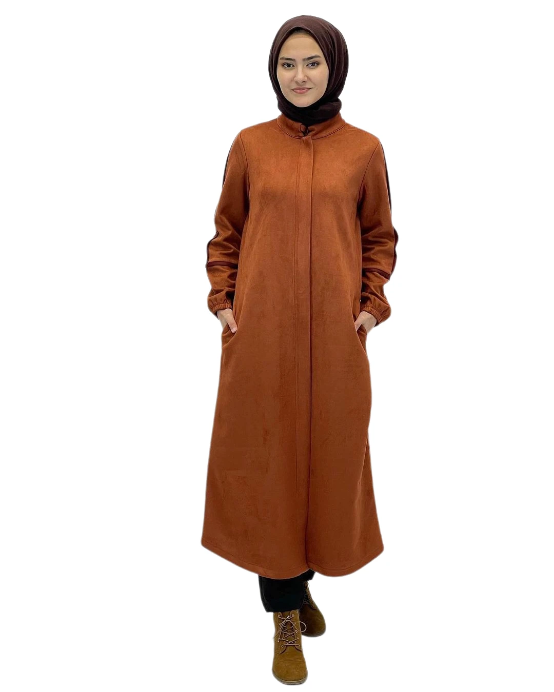 Muslim Abaya Islamic Hijab Fashion Clothing Winter Piping Hidden Zipper Suede Fabric Cap Model Dress