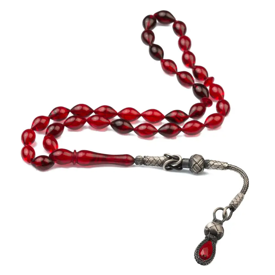 Silver Wavy Red Amber Gemstone Prayer Rosary Men Barley Cut Rosary With Silver Tassel Turkish Tasbih With Drop Model Tassel