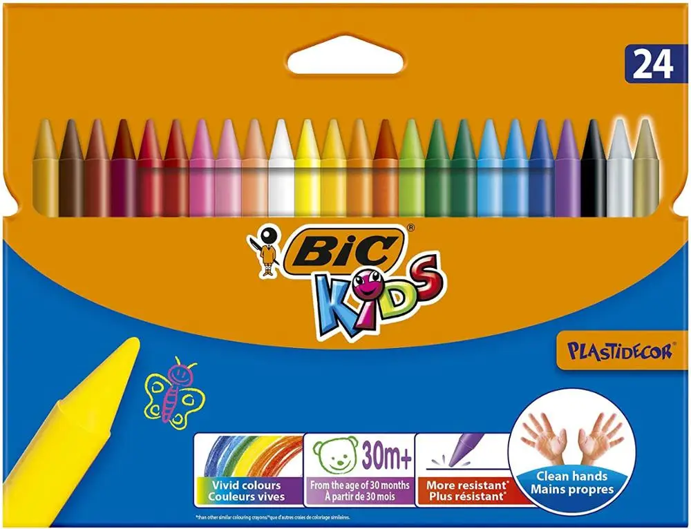 BIC Kids Plastidecor Colouring Crayons 24 Pack Suitable For Kids Aged 30 Months Do Stain Your Hands And Clothes More Durable Tha