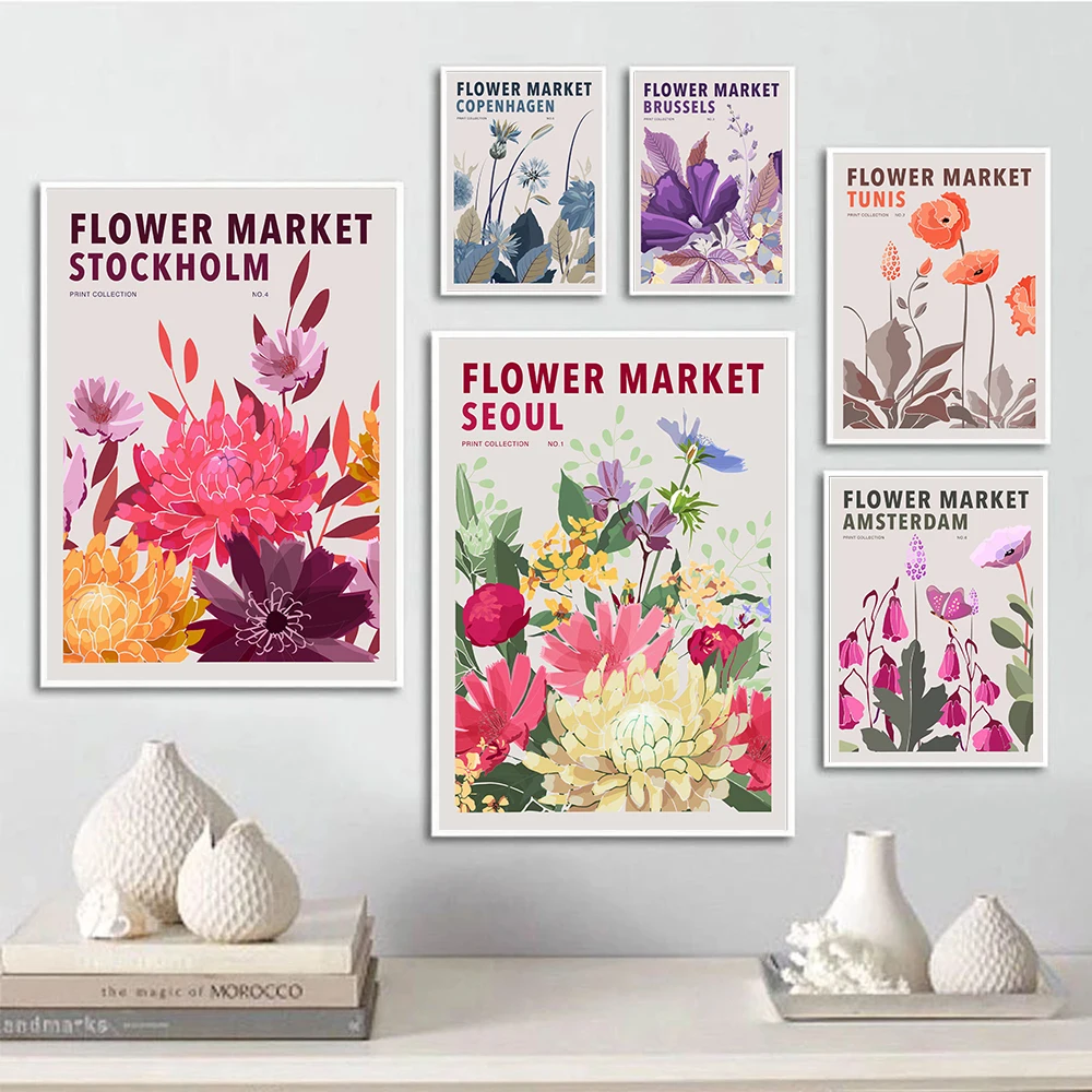 

Flower Market Wall Art Canvas Painting Colorful Botanical Prints Spring Floral Poster Wildflowers Picture Living Room Home Decor
