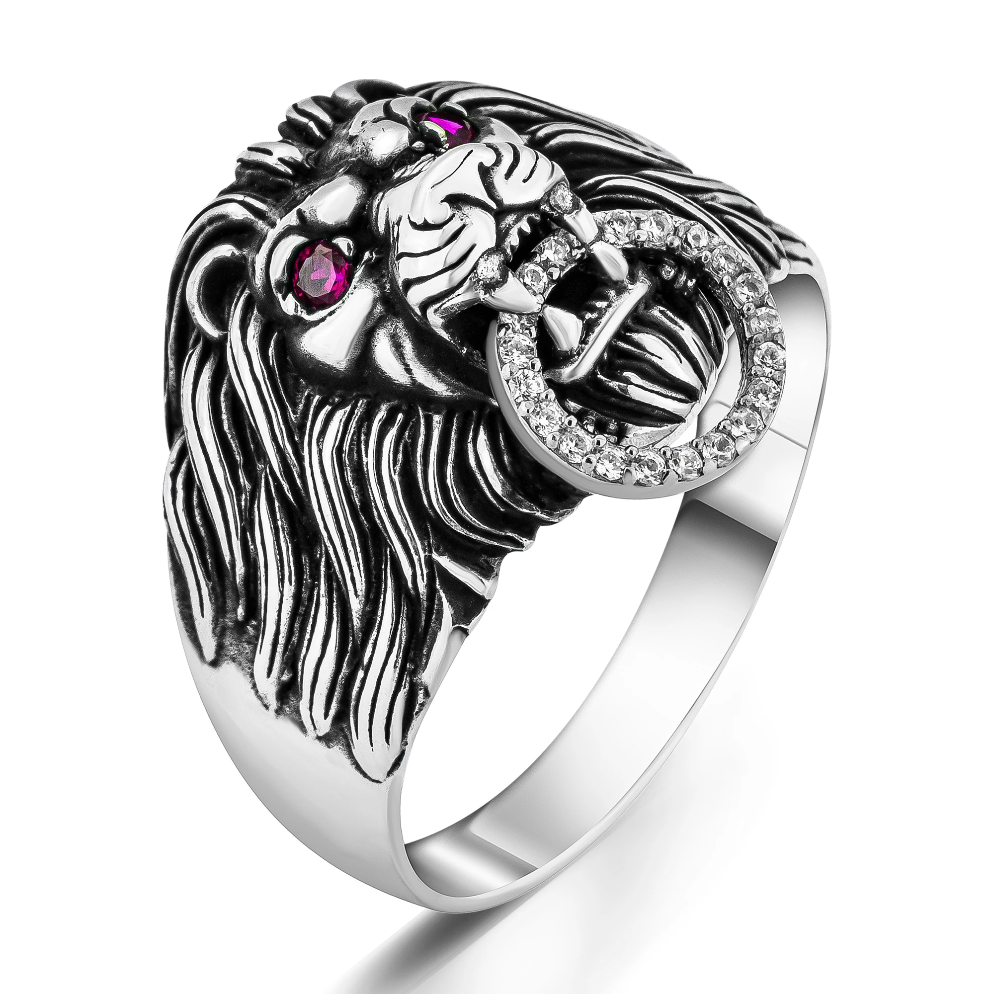 

Solid 925 Sterling Silver Zircon Door Knocker On Mouth The Ruby Lion Men's Ring Business Jewelery Handmade Jewelry Gift For Him